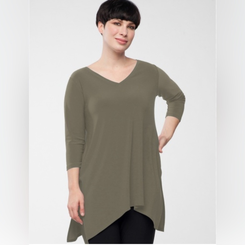 Garnet Hill Women's Size L Brown Stretchy V-Neck 3/4 Sleeve Tunic Jersey Top